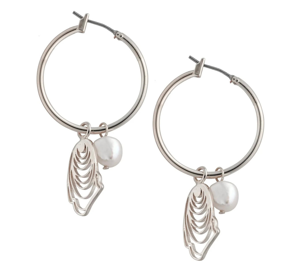 Oyster and pearl hoop earrings-sil