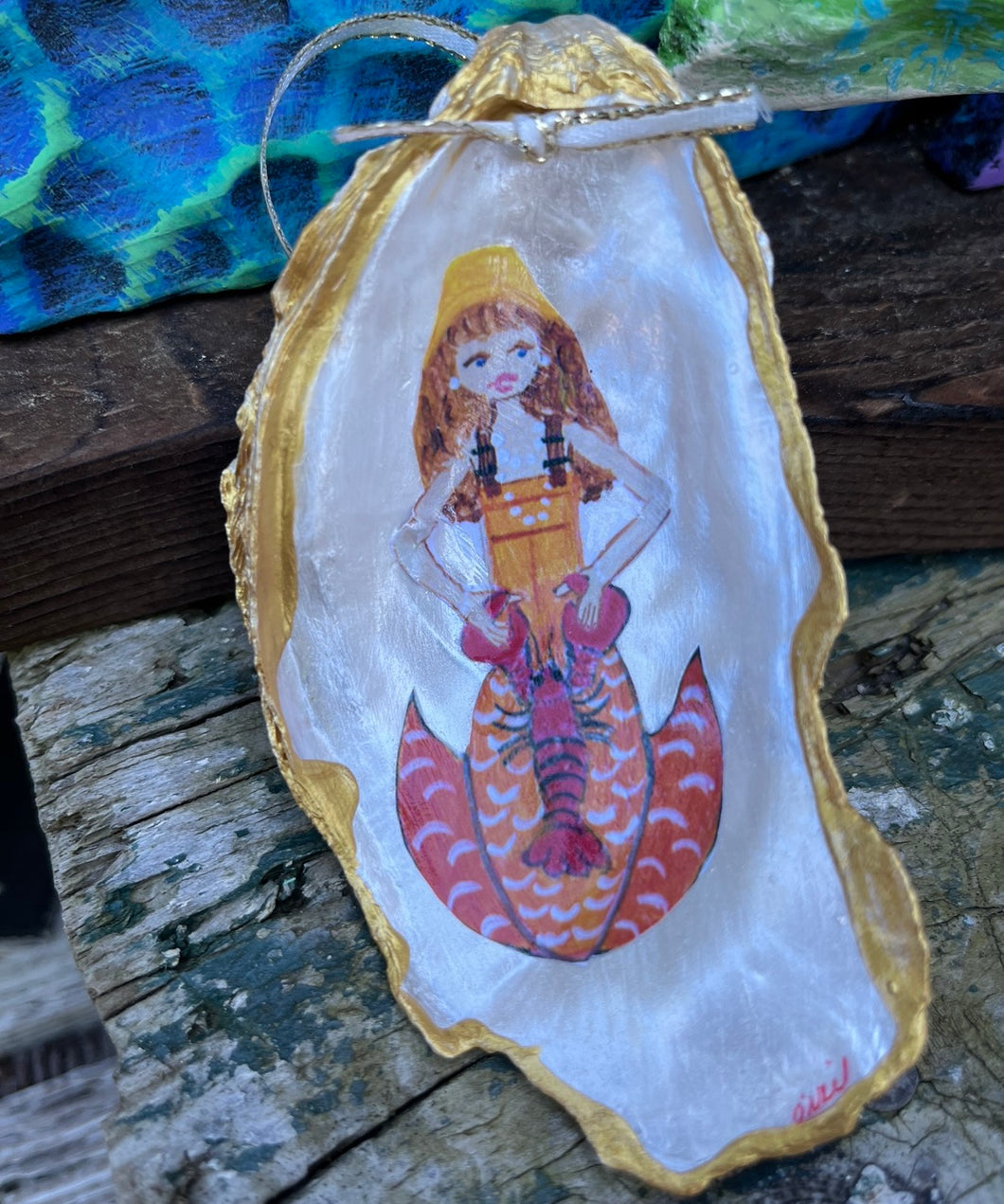 Mermaid with lobster oyster shell ornament