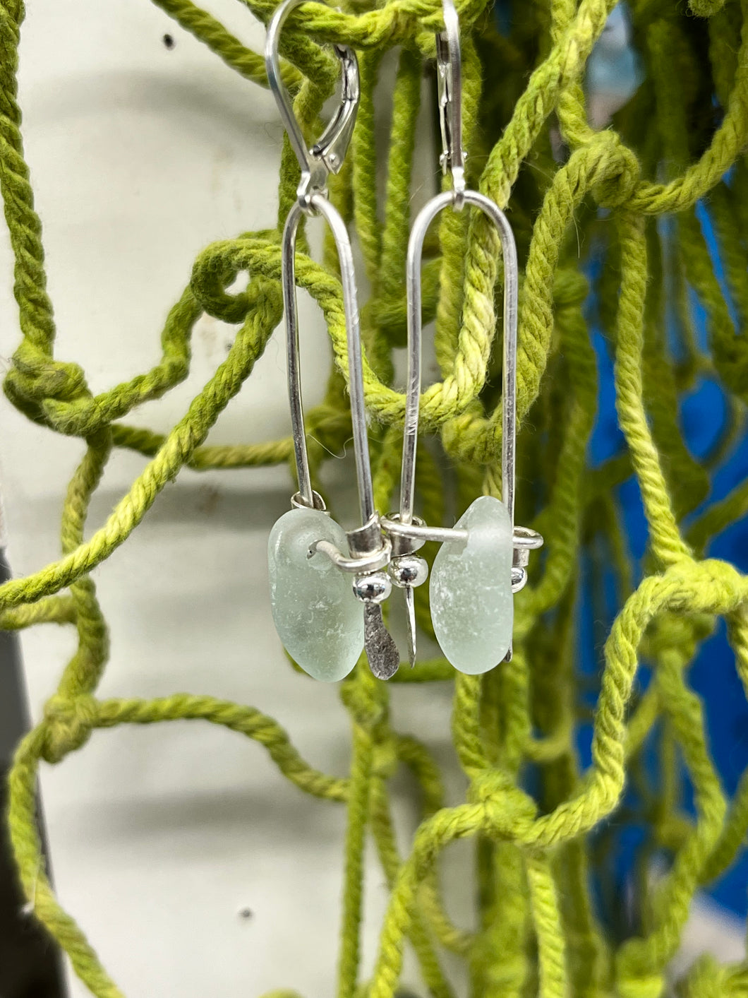Seaglass and sterling drop earrings-white